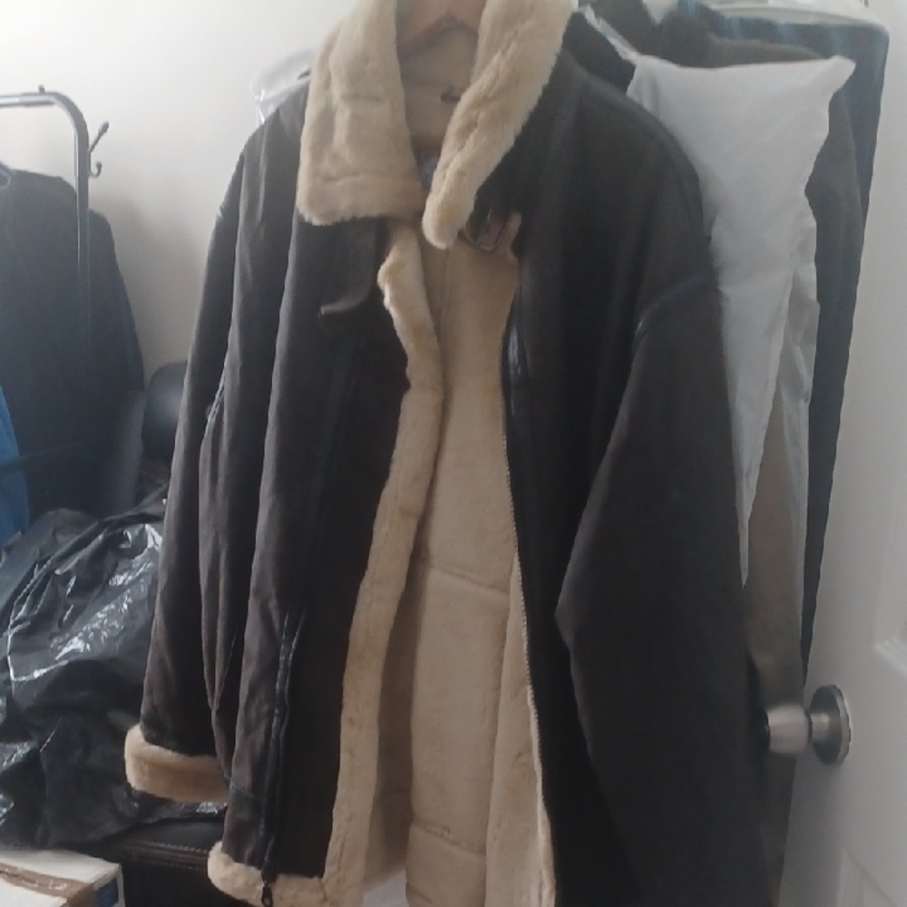 Men's Shearling Lined Military Jacket - Brown and Cream